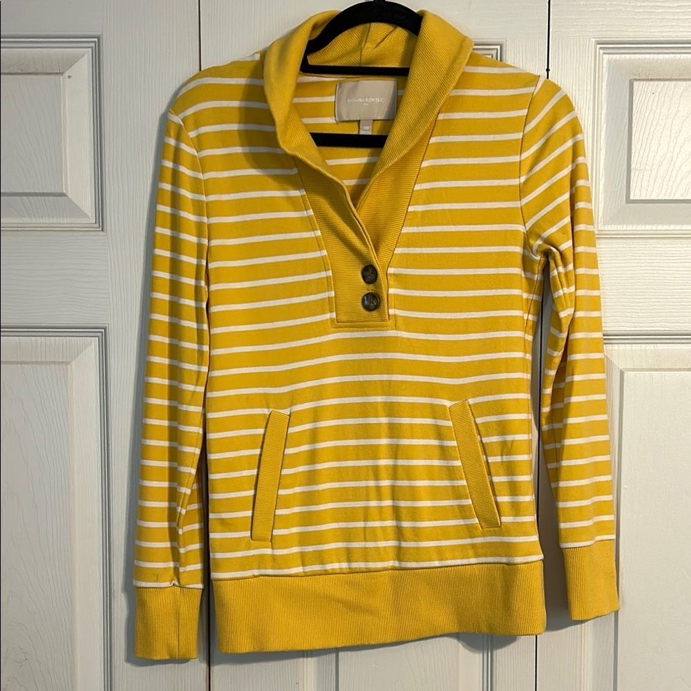 BANANA REPUBLIC Yellow White Stripe V-Neck Sweater Pullover Pocket Sunshine XS